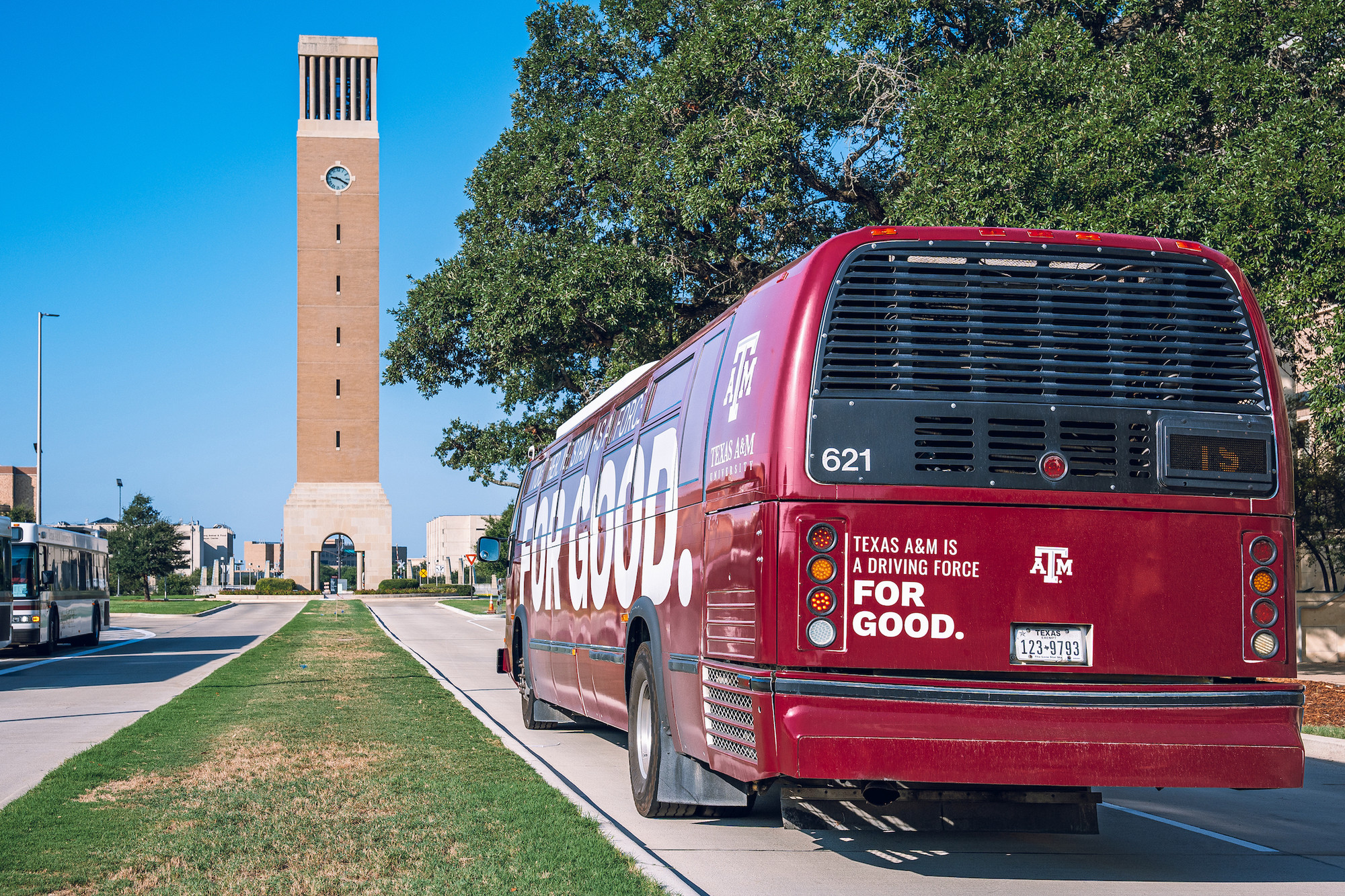 Texas A&M branded AggieSpirit bus on campus